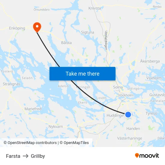 Farsta to Grillby map
