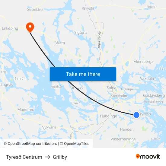 Tyresö Centrum to Grillby map