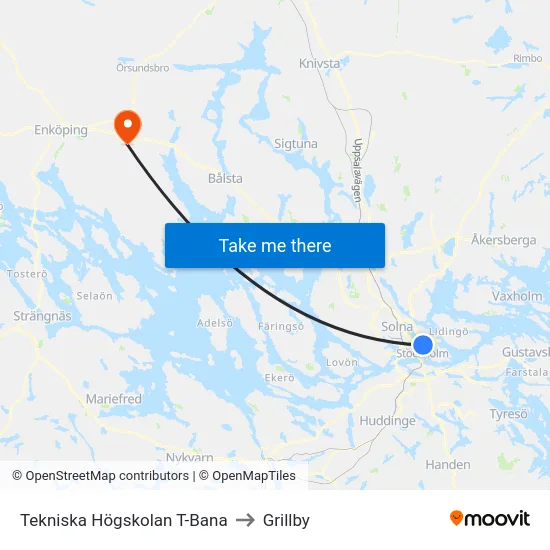 Tekniska Högskolan T-Bana to Grillby map