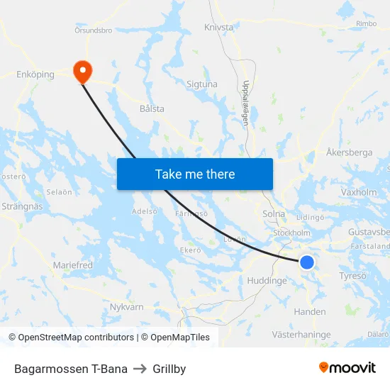 Bagarmossen T-Bana to Grillby map