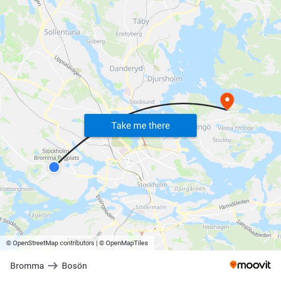 Bromma to Bosön map