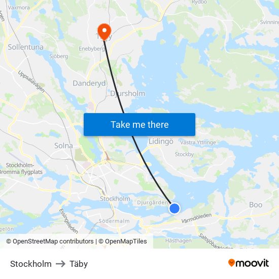 Stockholm to Täby map