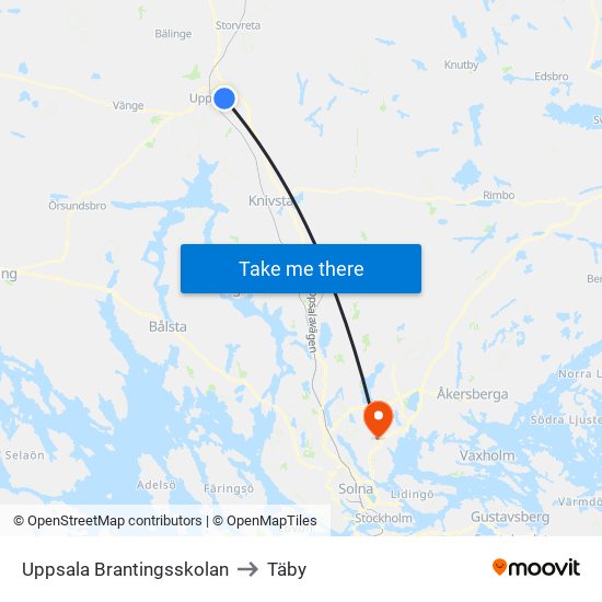 Uppsala Brantingsskolan to Täby map