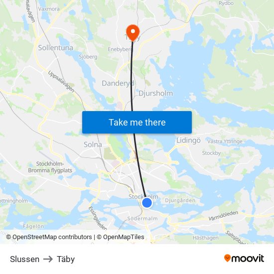 Slussen to Täby map