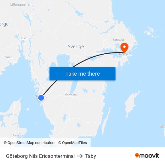 Göteborg Nils Ericsonterminal to Täby map