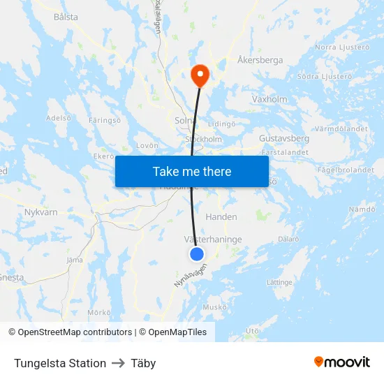 Tungelsta Station to Täby map