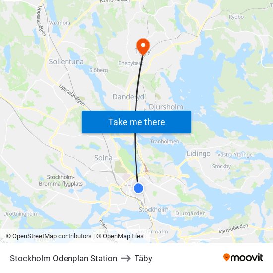 Stockholm Odenplan Station to Täby map