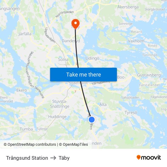 Trångsund Station to Täby map