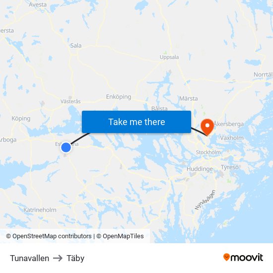 Tunavallen to Täby map