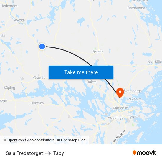 Sala Fredstorget to Täby map