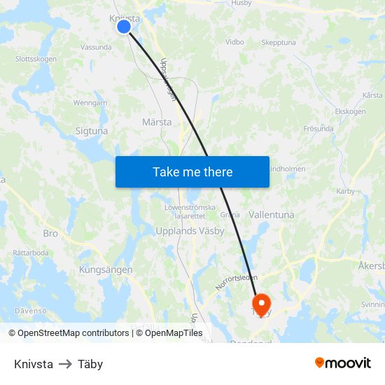 Knivsta to Täby map