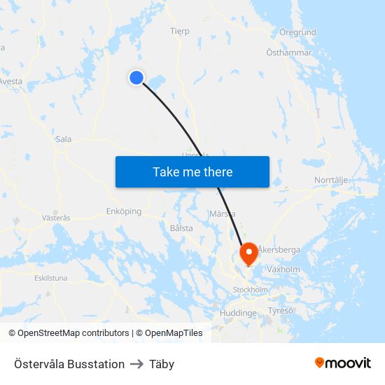 Östervåla Busstation to Täby map