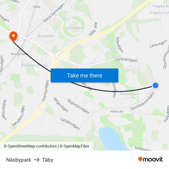 Näsbypark to Täby map
