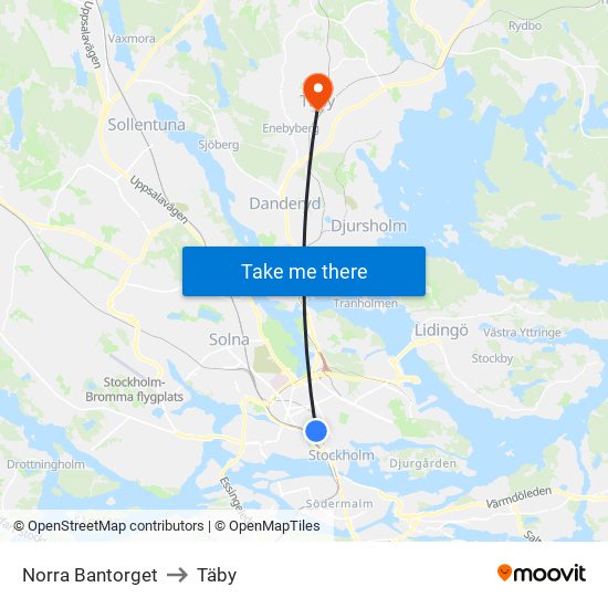 Norra Bantorget to Täby map