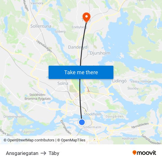 Ansgariegatan to Täby map