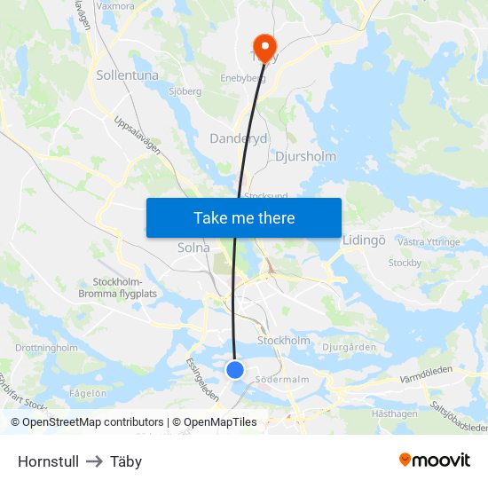 Hornstull to Täby map