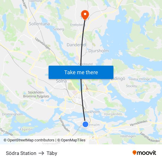 Södra Station to Täby map