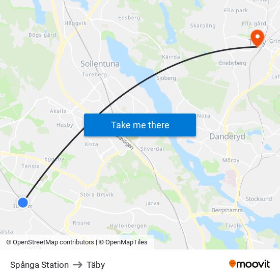 Spånga Station to Täby map