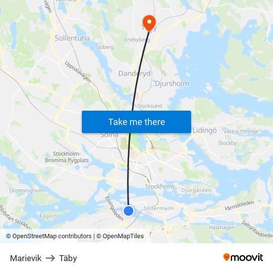 Marievik to Täby map