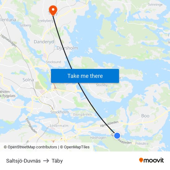 Saltsjö-Duvnäs to Täby map