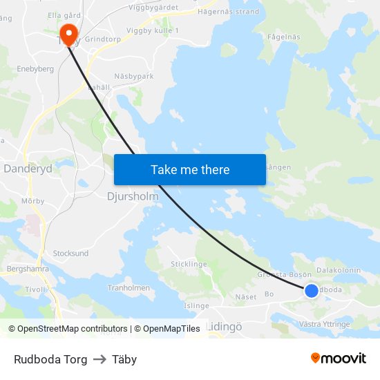 Rudboda Torg to Täby map