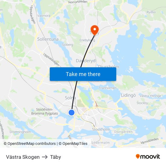 Västra Skogen to Täby map