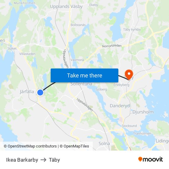 Ikea Barkarby to Täby map