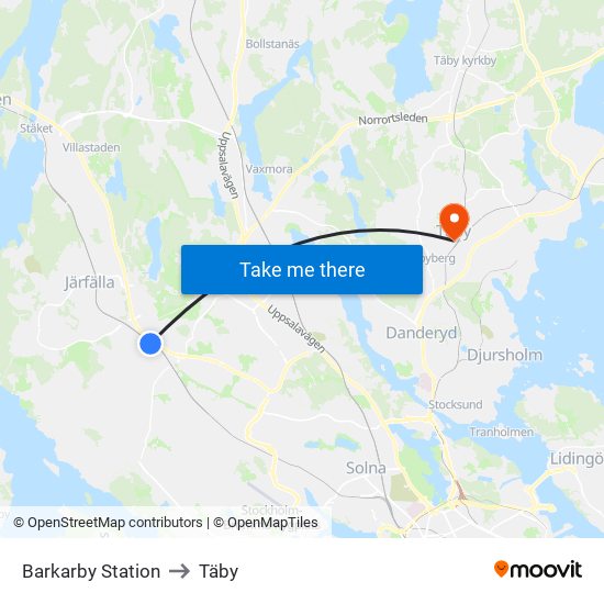 Barkarby Station to Täby map