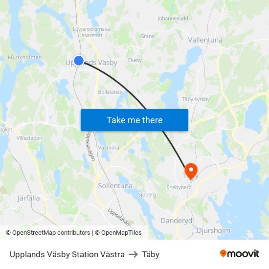 Upplands Väsby Station Västra to Täby map