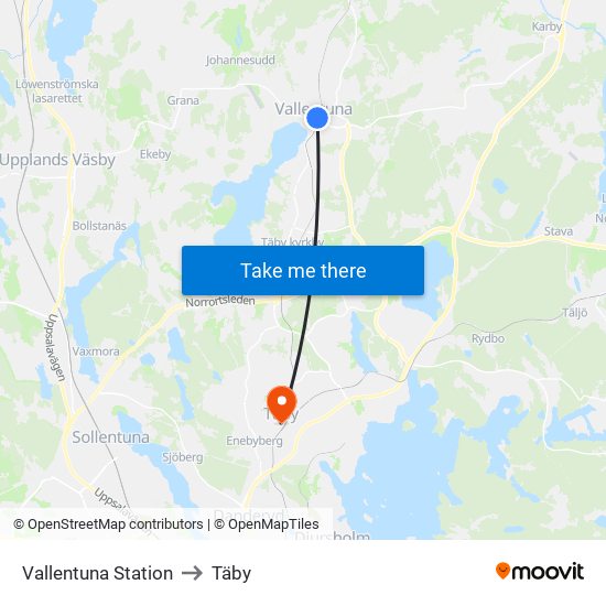 Vallentuna Station to Täby map