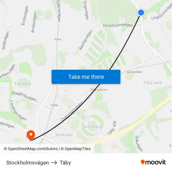 Stockholmsvägen to Täby map