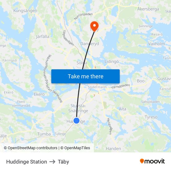 Huddinge Station to Täby map