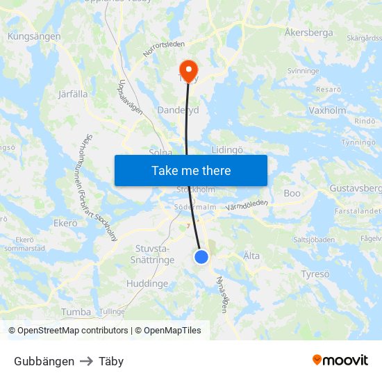 Gubbängen to Täby map