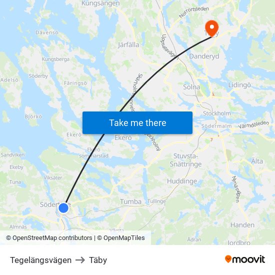 Tegelängsvägen to Täby map