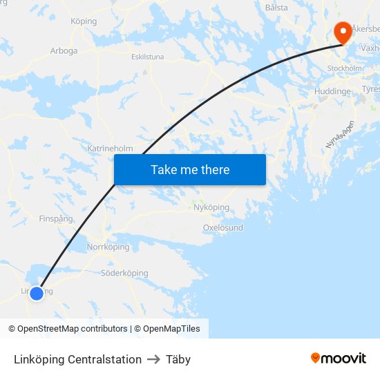 Linköping Centralstation to Täby map