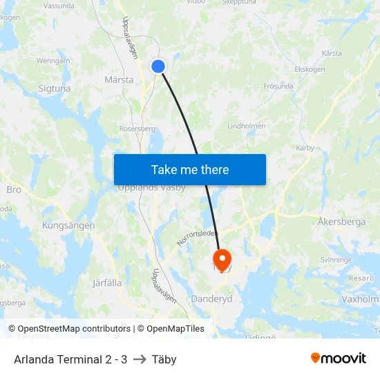 Arlanda Terminal 2 - 3 to Täby map