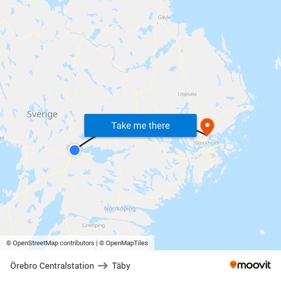 Örebro Centralstation to Täby map