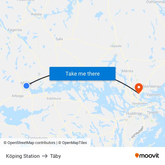 Köping Station to Täby map