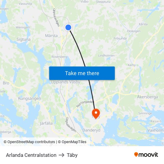 Arlanda Centralstation to Täby map