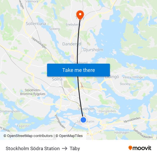 Stockholm Södra Station to Täby map