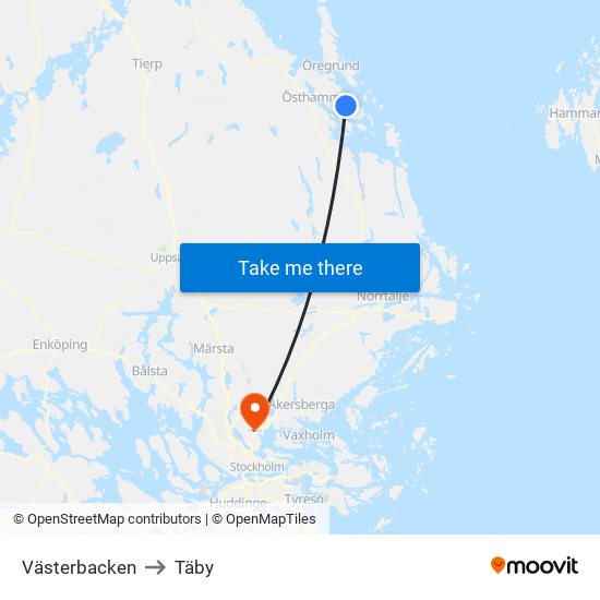 Västerbacken to Täby map