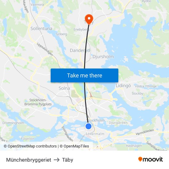 Münchenbryggeriet to Täby map