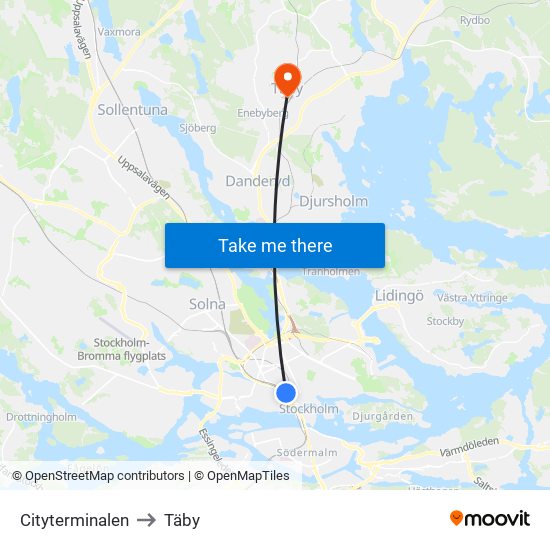 Cityterminalen to Täby map