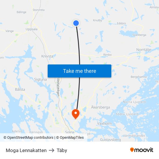 Moga Lennakatten to Täby map