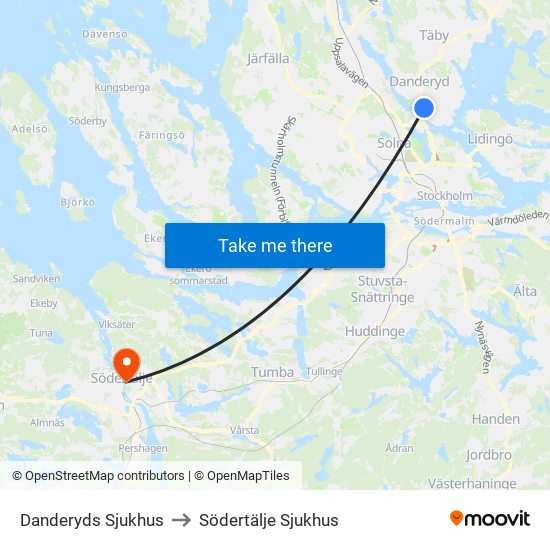 Danderyds Sjukhus to Södertälje Sjukhus map