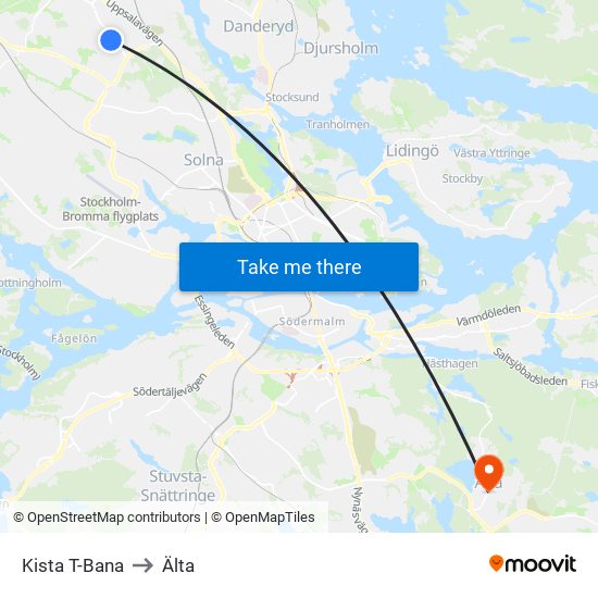 Kista T-Bana to Älta map