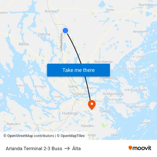 Arlanda Terminal 2-3 Buss to Älta map