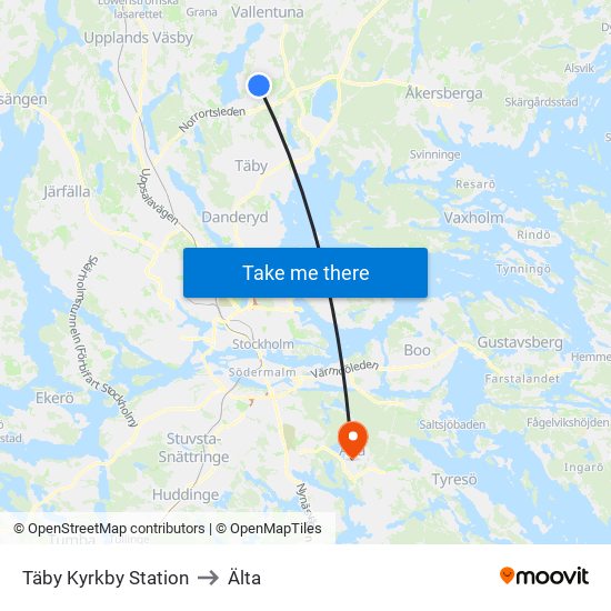 Täby Kyrkby Station to Älta map