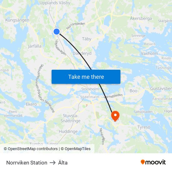 Norrviken Station to Älta map