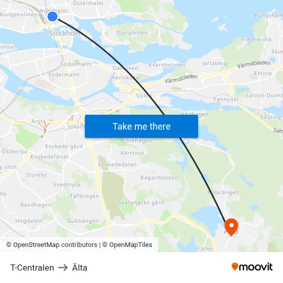 T-Centralen to Älta map